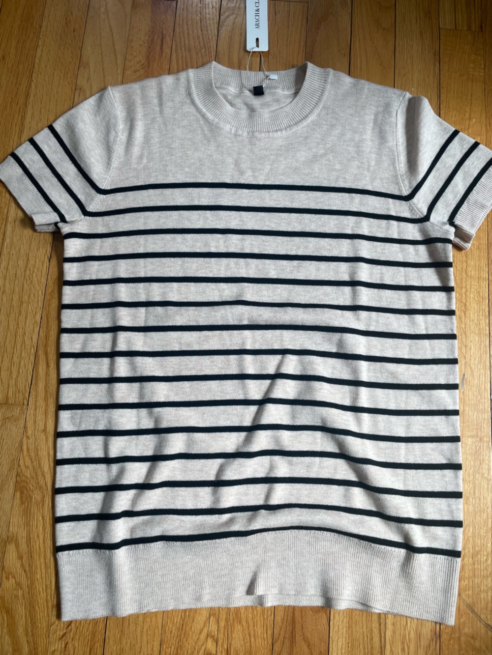 Arach & Cloz Cream and Black Striped Short-Sleeve Crewneck Sweater